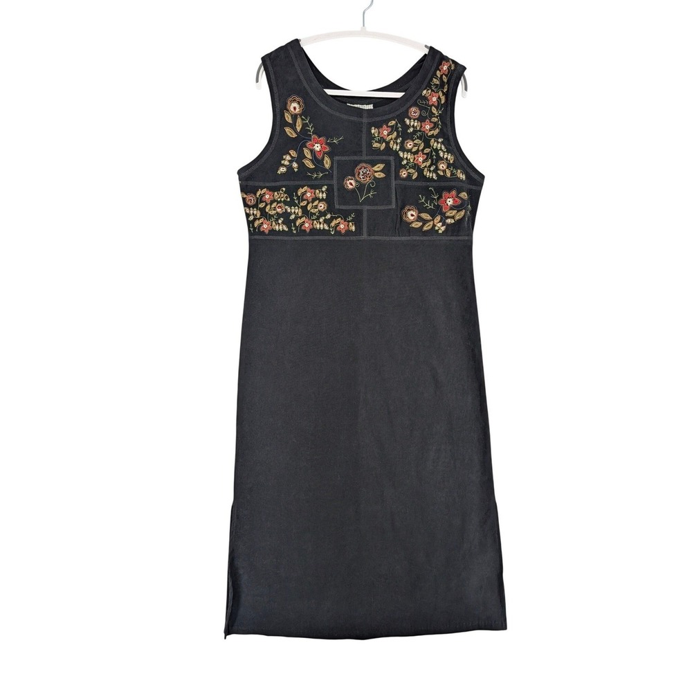 White Stag Embroidered Sueded Folk Dress M Sleeveless Black Floral Witchy